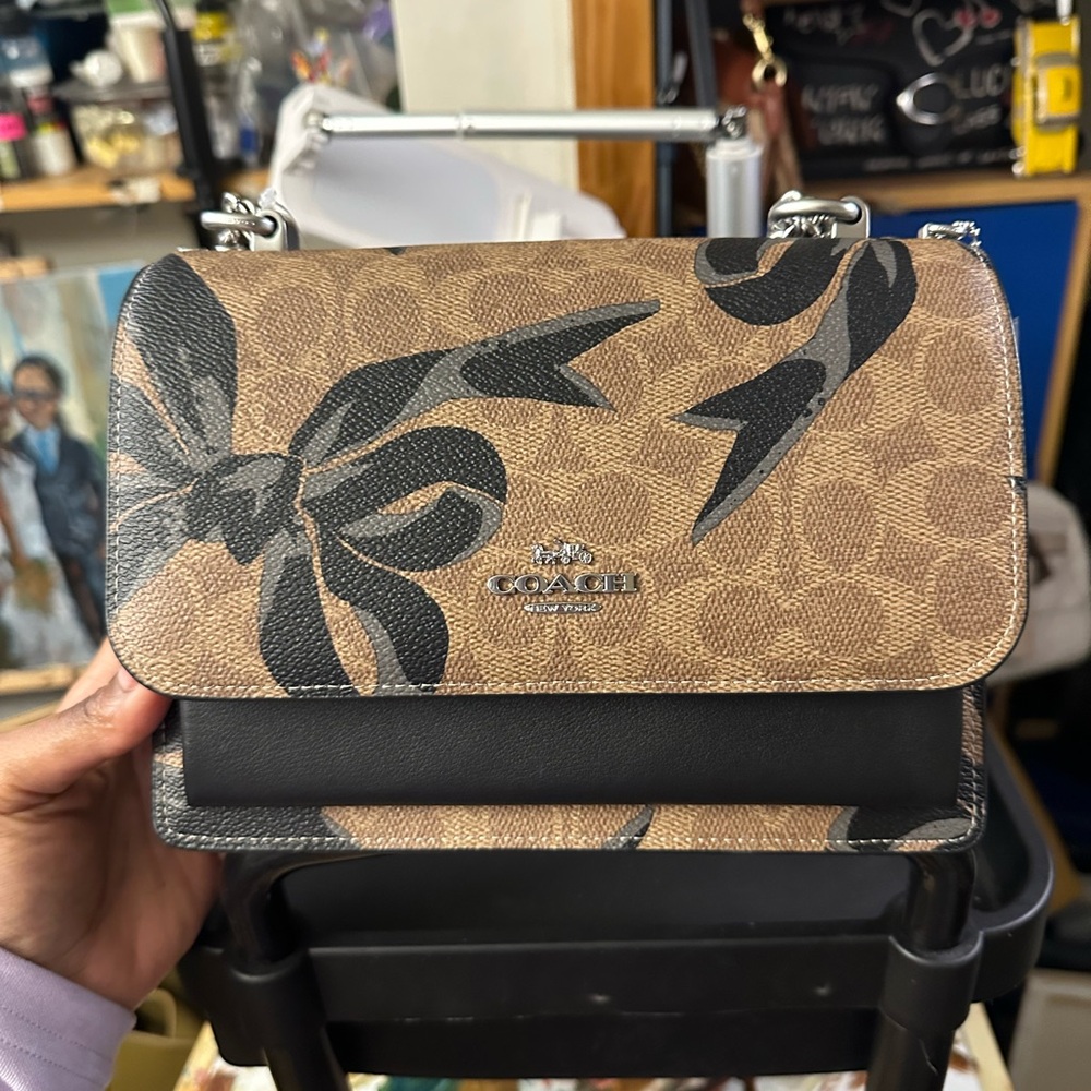 Coach Klara Bow Tan and Black Crossbody Bag with Monogram and Floral Design